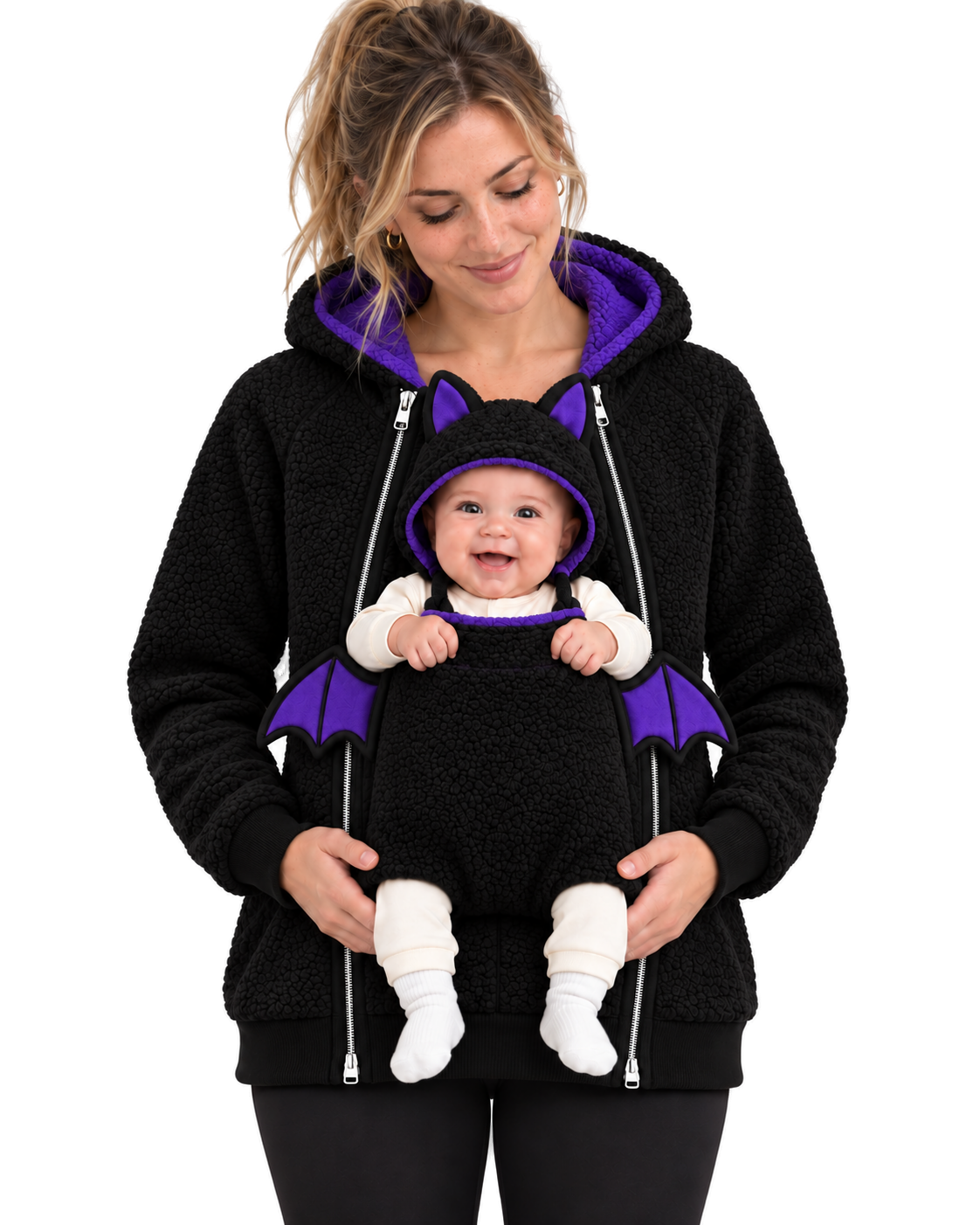 Mom wearing the black Bat hoodie with purple hood lining. Baby sits in the front pouch wearing the bat-ear hood, purple wings on each side.